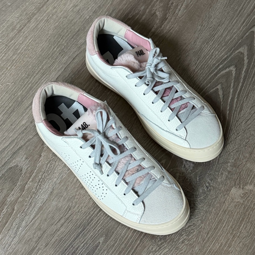 P448 John Pink and white low tops with faux fur detail size 40